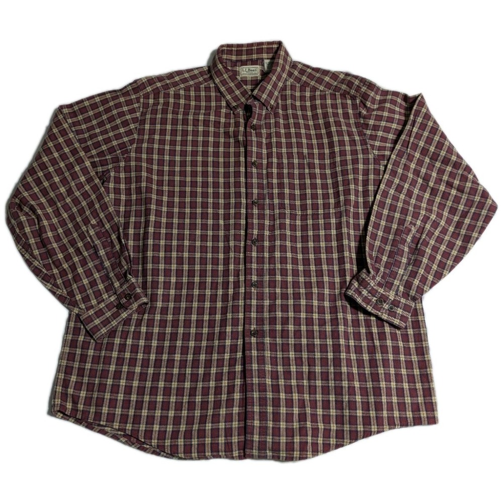 LL Bean Mens XL Plaid Flannel Button Down Shirt Red Tan Cotton Peru